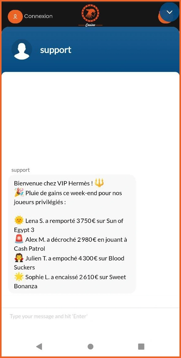 Moyens de contact pour support client chez Casino Hermes