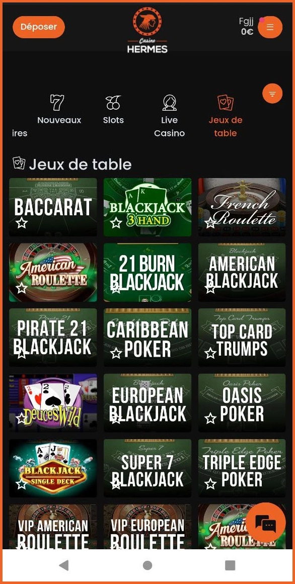 Lobby central du Live Casino chez Casino Hermes