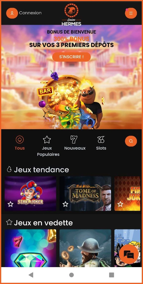 Aperçu compact de la page principale de Casino Hermes
